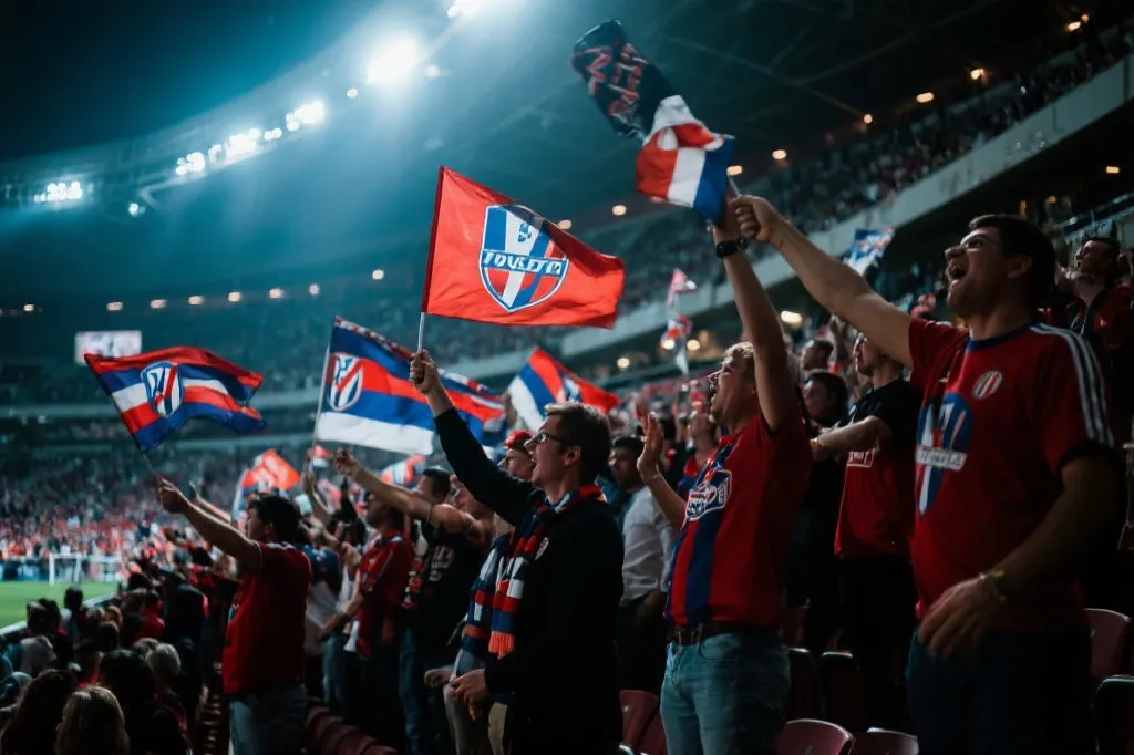 球迷在看台上挥舞旗帜，情感浓烈